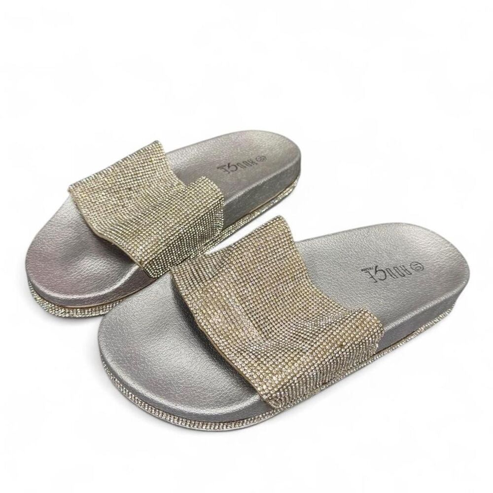 Rogue Women's Silver Rhinestone Slides Small Rhinestone Platform Size 10